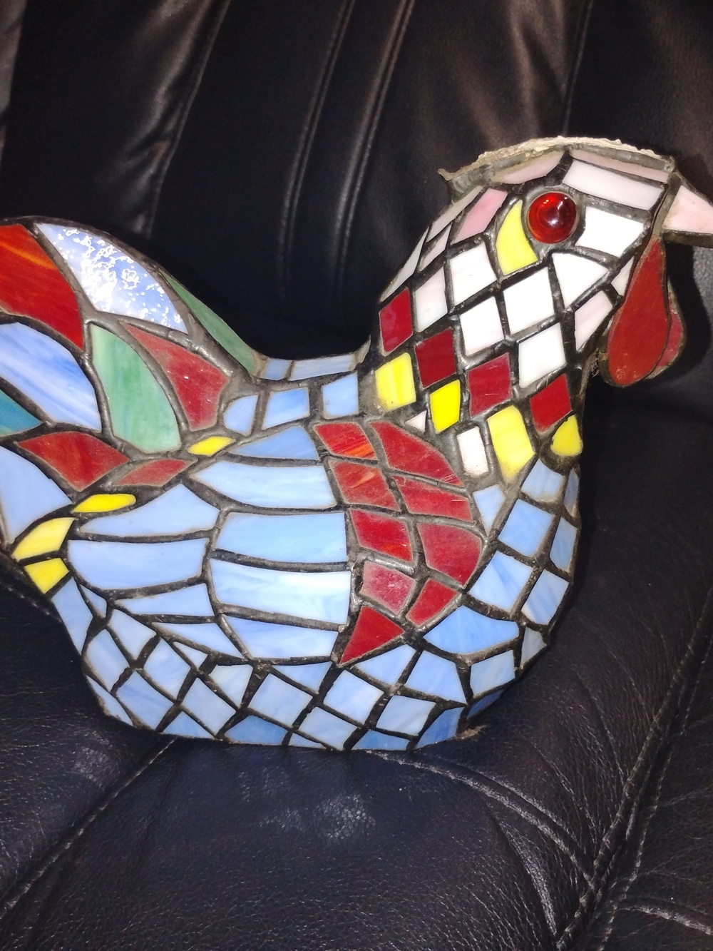 Stained Glass Mosaic Chicken/Hen- Blue, Red & Yellow Lamp